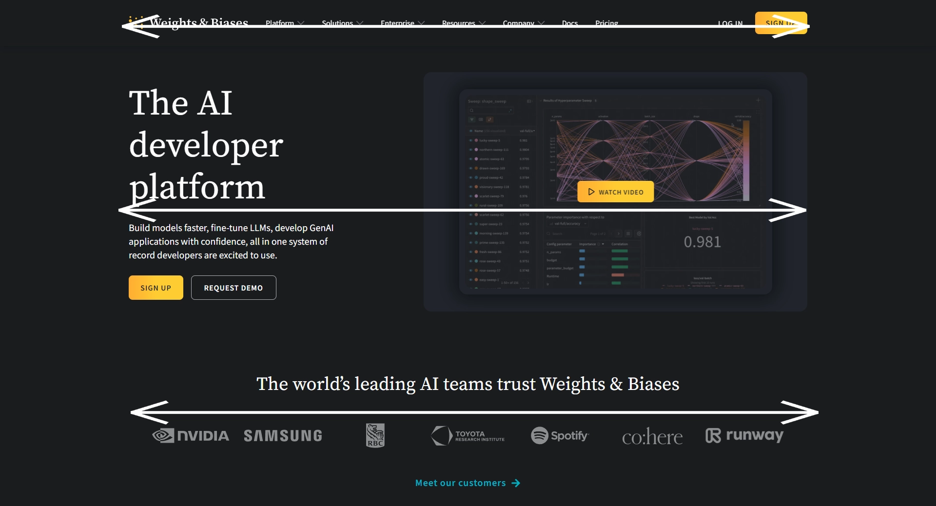 The layer-cake scanning pattern on the Weights and Biases homepage