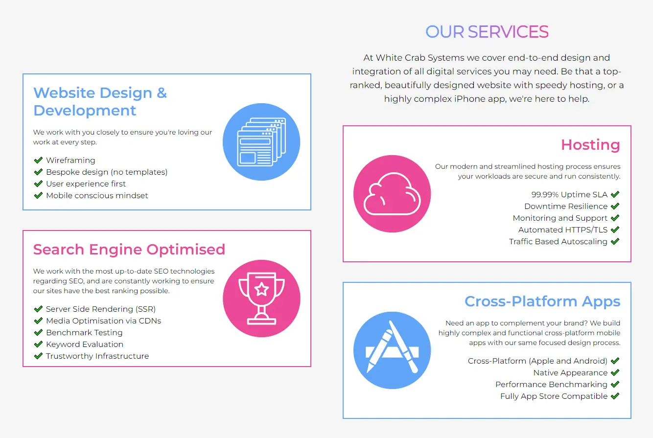 Our services section of whitecrabsystems.com