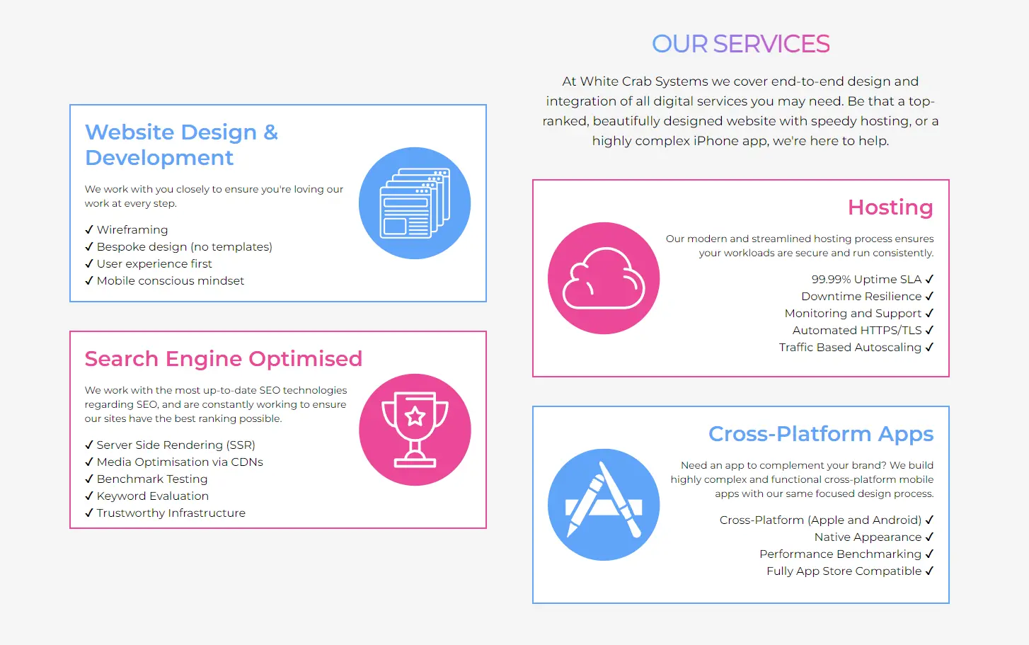 our services section from the white crab homepage